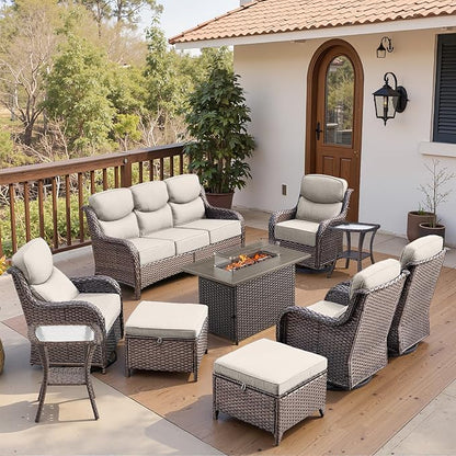 Belord Luxury 6" Thick Cushioned 10 Pieces Patio Furniture Set with Fire Pit Table, Wicker Outdoor Conversation Set with High Back Swivel Rocker Chairs for Deck Porch Yard and Poolside - Brown+Beige
