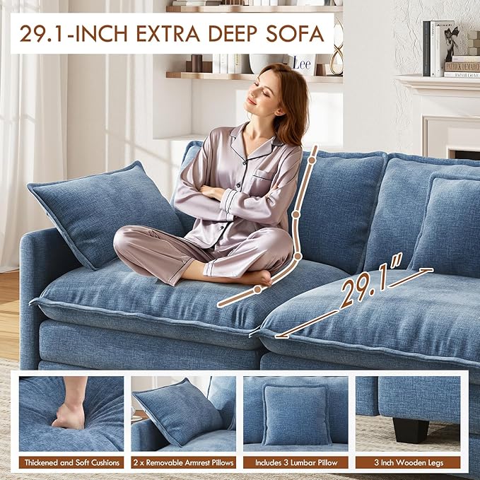 WorthFurni 111.4” Cloud Couch, Modular Sectional Sofa with Ottoman, Comfy Modern 3-Seater Couches with Pillows & Upholstered Deep Seat Cushion for Apartment Living Room Bedroom (Blue)