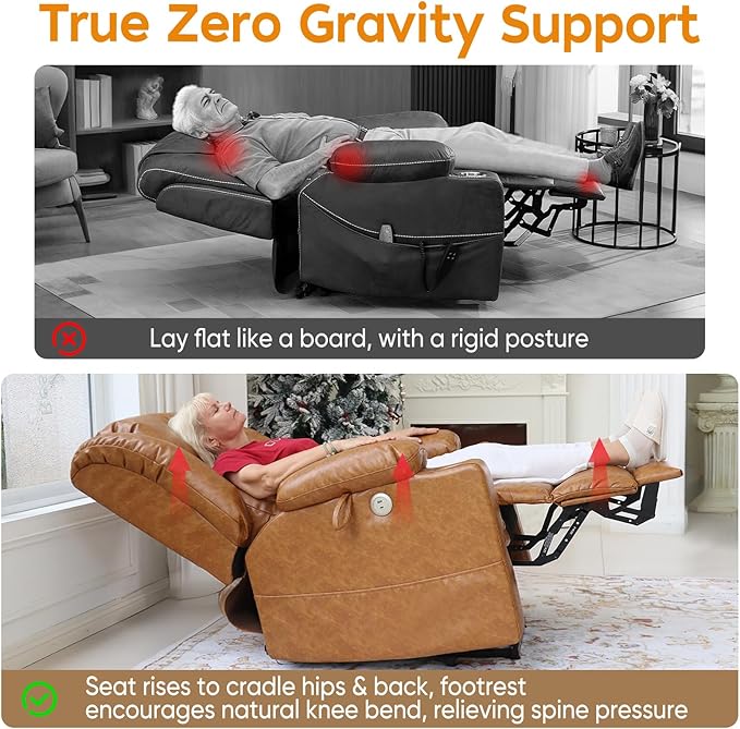 ABCASA Oversized Zero Gravity Power Lift Recliner Chair for Elderly Set of 2, Wide Dual Motor Recliners, Heat & Massage, Charging Ports, Cup Holders, Extended Footrest, PU Leather, Orange Brown
