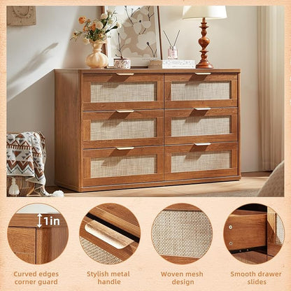 LEYAOYAO Rattan 6 Drawer Dresser for Bedroom, 48" Wide Boho Chest of Drawers, Wooden Dressers TV Stand with Metal Handle, Storage Closet Organizer for Living Room, Hallway, Tea Brown