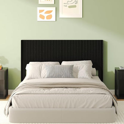 COCO DESIGN Queen Size Headboard Only, 64.3" Wide Wooden Headboard, Mid Century Modern Farmhouse Boho HeadBoard, Wall Mount, Fluted Panel, Wingback Design, Black