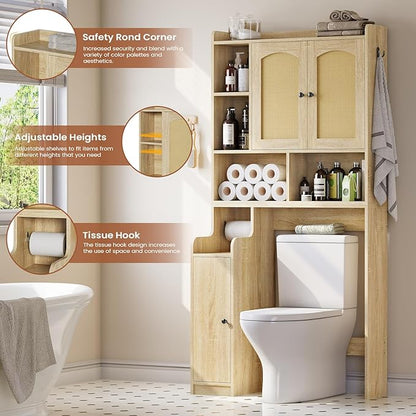 Itaar Over The Toilet Storage Cabinet, Farmhouse Rattan Bathroom Cabinet, Over Toilet Bathroom Organizer with Rattan Barn Doors & Toilet Paper Holder Stand, for Restroom, Laundry