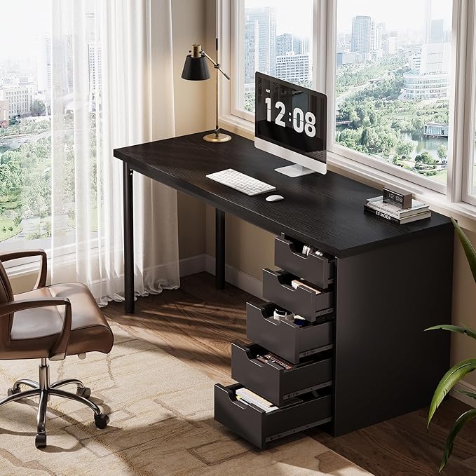 Tribesigns Modern Simple Computer Desk, 47 Inches PC Desk with 5 Reversible Drawers, Rustic Brown Study Writing Table Workstation for Home Office Small Spaces (Black)