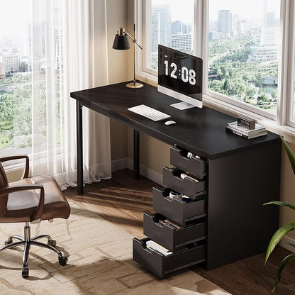 Tribesigns Modern Simple Computer Desk, 47 Inches PC Desk with 5 Reversible Drawers, Rustic Brown Study Writing Table Workstation for Home Office Small Spaces (Black)