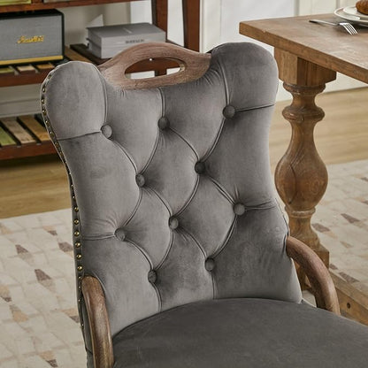 Velvet Dining Chairs Set of 6, Solid Wood Handles, Wooden Upholstered Dining Chair, Vintage Copper Nail Decoration, Mid Century Modern Kitchen Chair (Grey, Set of 6)
