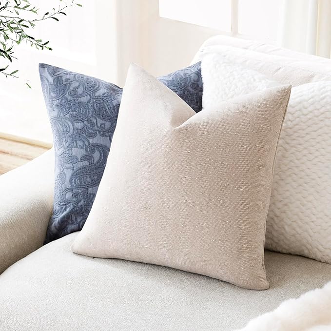 Foindtower Pack of 2 Soft Textured Throw Decorative Pillow Covers Square Accent Solid Cushion Cover Cozy Farmhouse Pillow Case with Zipper for Couch Sofa Bedroom Living Room 22x22 Inch, Light Beige