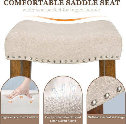 PrimeZone Counter Height Bar Stools Set of 6 - Backless Saddle Barstools with 4.3" Thick Upholstered, Nailhead Trim Linen Fabric & Solid Wood Legs, 26 Inch Counter Stools for Kitchen Island, Beige