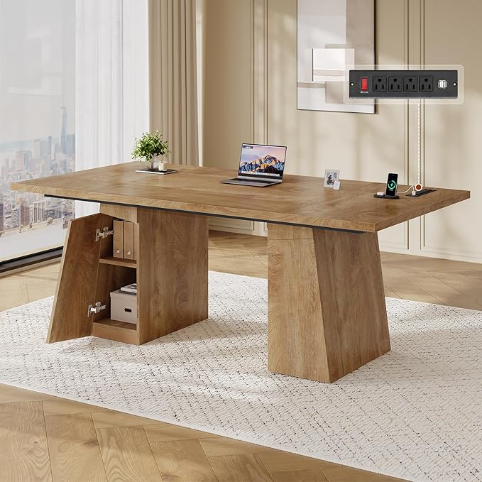 63 in Executive Desk with Power Outlets, Modern Home Office Desk with Storage Cabinet, Wood Computer Desk Business Workstation Desk Conference Table (Oak)