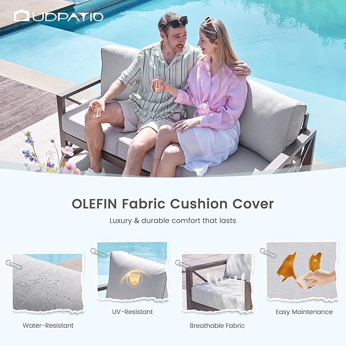 UDPATIO 6 Piece Aluminum Patio Furniture Set 7 Seats Modern Outdoor Furniture Faux Wood Grain Patio Conversation Sets with Olefin Fabric Thick Cushions, 600D Waterproof Cover Included, Light Grey