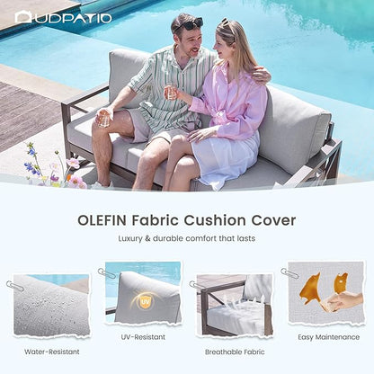 UDPATIO 6 Piece Aluminum Patio Furniture Set 7 Seats Modern Outdoor Furniture Faux Wood Grain Patio Conversation Sets with Olefin Fabric Thick Cushions, 600D Waterproof Cover Included, Light Grey