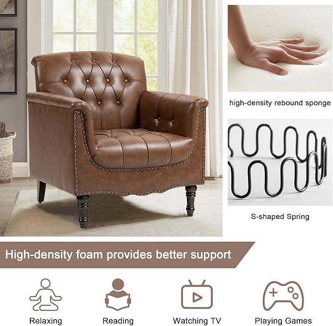 Lumibee Faux Leather Armchairs, Contemporary Accent Chairs Set of 2 with Nailhead Trims & Wood Legs for Living Room, Upholstered Comfy Arm Chairs for Office,Bedroom-Brown