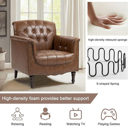 Lumibee Faux Leather Armchairs, Contemporary Accent Chairs Set of 2 with Nailhead Trims & Wood Legs for Living Room, Upholstered Comfy Arm Chairs for Office,Bedroom-Brown