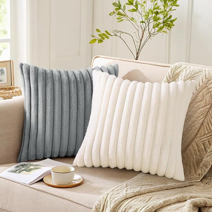 Pallene Faux Fur Plush Christmas Throw Pillow Covers 18x18 Set of 2, Luxury Soft Fluffy Striped Decorative Pillow Covers for Sofa, Couch, Living Room, Cream White