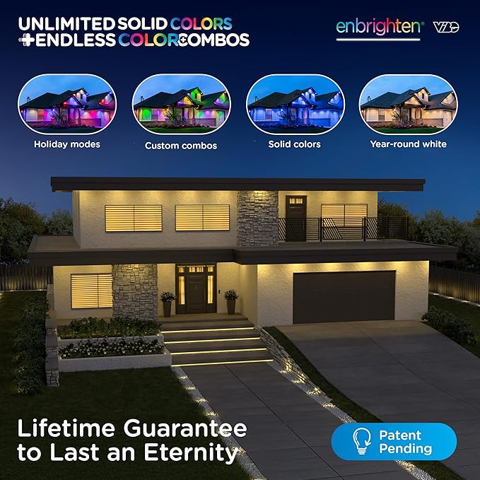 Enbrighten Vibe Eternity Accent Permanent Outdoor Lights for House, 100ft, 24 RGBWIC LEDs, Wide Spacing, 94lm, Tunable White, Everyday Eave Lighting, Smart App, Works with Alexa, Google Home, 85714