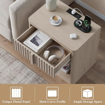 Fluted Nightstand Set of 2 with Charging Station, 23.6" Wood End Table with Solid Wood Handle, Curved Profile Design, Mid Century Moden Bedside Table for Bedroom, White Alder