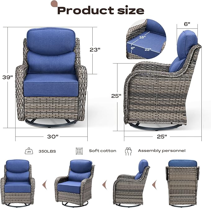Rilyson Patio Outdoor Swivel Rocker Chairs Set of 2, Waterproof Wicker, High Back, Deep Seating, Wide Armrest, Upgraded 6 inch Thick Cushions, Ideal for Deck Porch Backyard, Mixed Grey/Blue