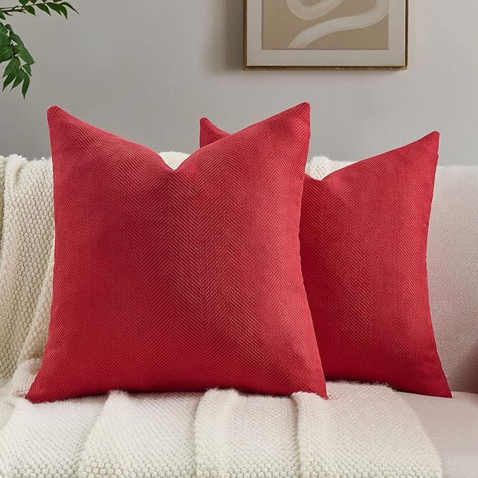 FUTEI Christmas Red Chenille Throw Pillow Covers 20x20 Inch Set of 2,Soft Wide Chevron Textured Cushion Case,Farmhouse Home Decor for Couch Bed Living Room