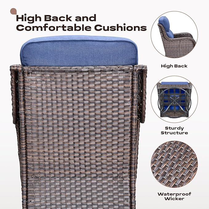 Rilyson Outdoor Patio Swivel Rocker Chairs Set of 2, Waterproof Wicker, High Back, Deep Seating, Wide Armrest, Upgraded 6 inch Thick Cushions, Ideal for Deck Porch Backyard, Brown/Blue