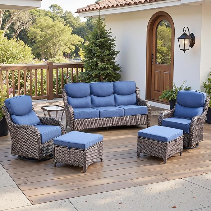 Belord Luxury 6" Thick Cushioned 6 Pieces Patio Furniture Set with Outdoor Couch, Wicker Outdoor Conversation Set with High Back Swivel Rocker Chairs for Deck Porch Yard and Poolside - Brown+Blue