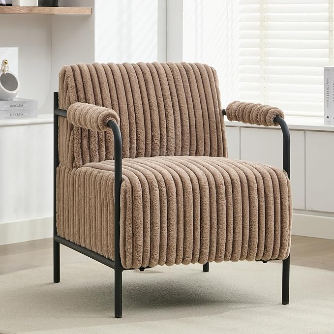 Modern Accent Lounge Chair Velvet Tufted Textured Upholstery Vertical Stitching Metal Frame Ergonomic Reading Chair for Living Room Bedroom Stylish Compact Cozy Design (Light Brown)