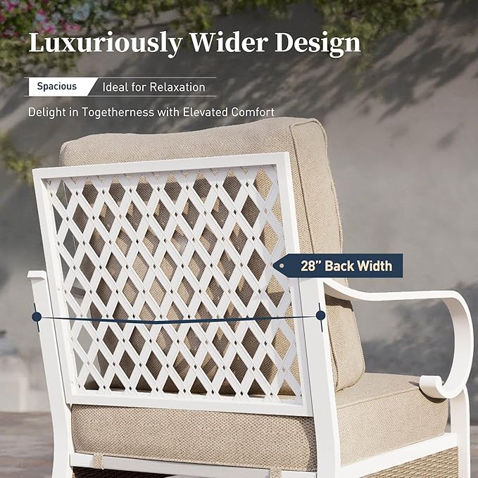 6 PCS Metal Outdoor Patio Furniture Set, Patio Conversations Sets 3-Seater Sofa, 2-Seater Sofa, 2 Rocking Chair with 5.75" Thick Cushion & Coffee Table White Backyard Furniture, Beige