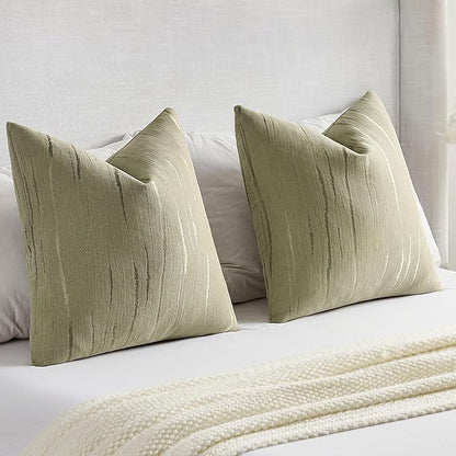 FUTEI Olive Green Chenille Decorative Throw Pillow Covers 18x18 Inch Set of 2,Soft Embossed Striped Textured Cushion Case,Modern Home Decor for Couch Bed Living Room