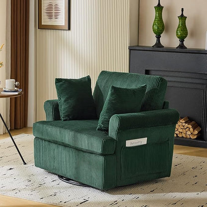 Karl home 39" Swivel Accent Chair,Oversized Seat Armchair W/2 Pillows and 4 Pockets,Modern Upholstered Corduroy Barrel Chairs,Comfy Single Sofa for Living Room,Reading,Bedroom and Office-Dark Green