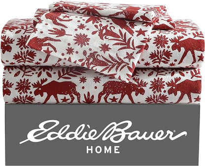 Eddie Bauer 4 Pc Flannel Sheets King Size - 100% Cotton Breathable & Soft King Size Sheets Set (1 Flat, 1 Flannel Fitted Sheet, 2 Pillowcases) - 15" Deep Pocket All Seasons Sheet Set (Arcadia Red)