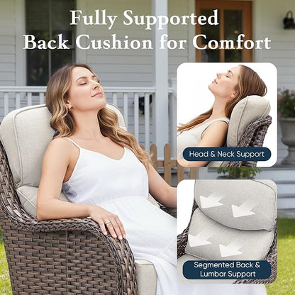 Belord Luxury 6" Thick Cushioned Outdoor Swivel Rocker Patio Chairs of 2, High Back Wicker Patio Furniture Set with Ergonomic Zone Back, Conversation Glider Set for Deck Porch - Brown+Beige