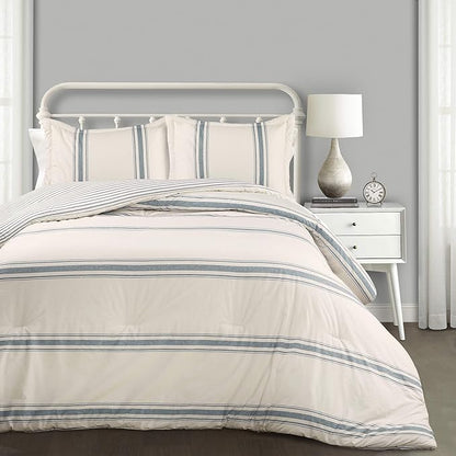Lush Decor Farmhouse Stripe Reversible Cotton Comforter Set, 3 Piece Set, King, Blue - Cozy F𝚊rmhouse Bedding Set - Rustic Decor - Striped Comforter - Modern Farmho𝚞se Bedroom Decor