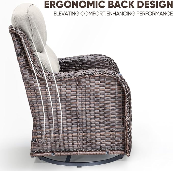 Swivel Patio Chairs sofa Set with 6" Thick Cushion - Wicker Outdoor Swivel Rocker Patio Chair with Side Table, High Back Comfortable Outdoor Glider Chairs - Brown Wicker | Beige Cushions | 4pcs