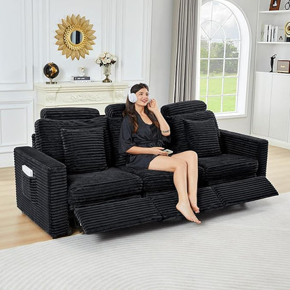 ORRD Power Reclining Sectional Sofa, Electric 3 Seat Recliner with 3 Electric Footrest and Adjustable Headrest, Modern Plush Corduroy Fluffy Reclining Sectional with Deep Seat for Living Room-Black