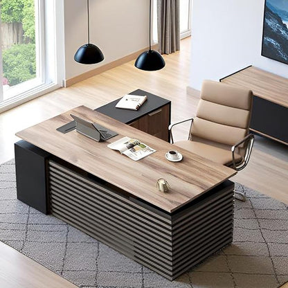 78.74" L Shaped Standing Executive Desk and 63" lateral File Cabinet, Large Adjustable Heigh Office Computer Desk with 3 Drawers,2.3" Desktop,Business Workstation,Black and Warm Oak