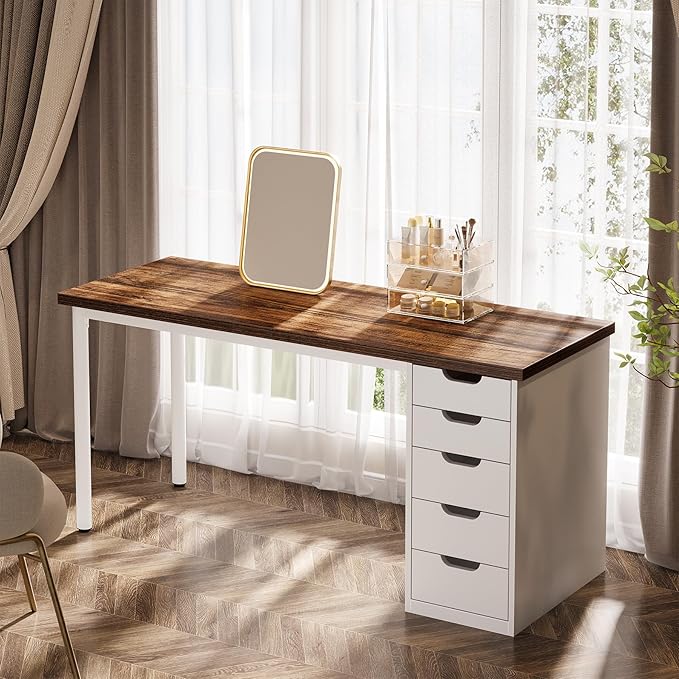 Tribesigns Modern Simple Computer Desk, 47 Inches PC Desk with 5 Reversible Drawers, Rustic Brown Study Writing Table Workstation for Home Office Small Spaces (Brown+White)