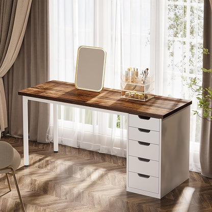 Tribesigns Modern Simple Computer Desk, 47 Inches PC Desk with 5 Reversible Drawers, Rustic Brown Study Writing Table Workstation for Home Office Small Spaces (Brown+White)