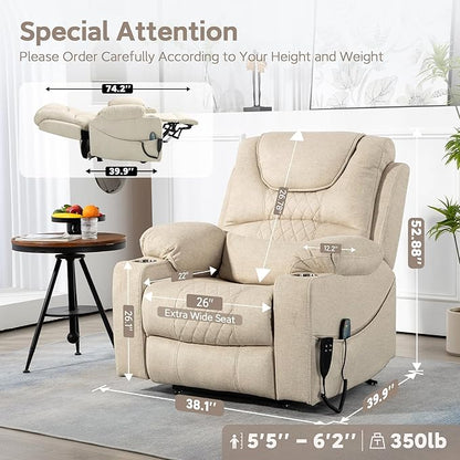 Oversized Lazy Boy Recliner Chair, 2 Motor Leather Recliner, Nursing Lift Chair with Massage and Lumbar Heating, Functional Adult Power Recliner with Cup Holders