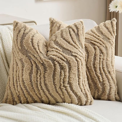FUTEI Khaki Decorative Throw Pillow Covers 16x16 Inch Set of 2,Soft Faux Fur Geometric Shapes Texture Cushion Case,Boho Home Decor for Couch Bed Living Room