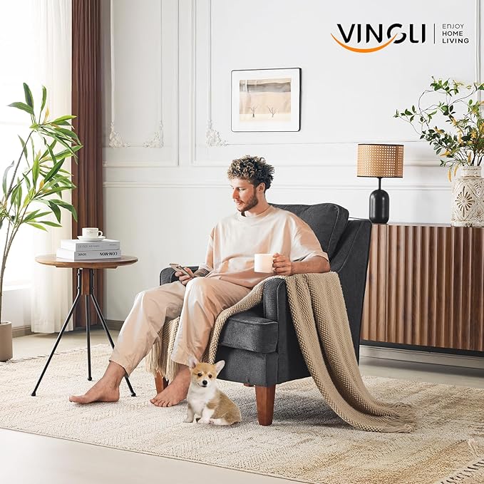 VINGLI Mid-Century Modern Accent Chairs Set of 2, Black Upholstered Armchair Comfy Sofa Chairs Reading Chair High Back for Living Room Bedroom Furniture Apartment