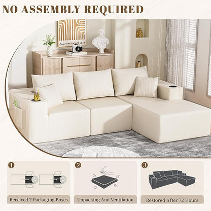 107" Cloud Sectional Couch, Modular Sectional Sofa with L-Shape Chaise, Corduroy Boneless Couch with Deep Seat, Upholstered Sofa for Living Room, No Assembly Required(Right-Facing Chaise, White)