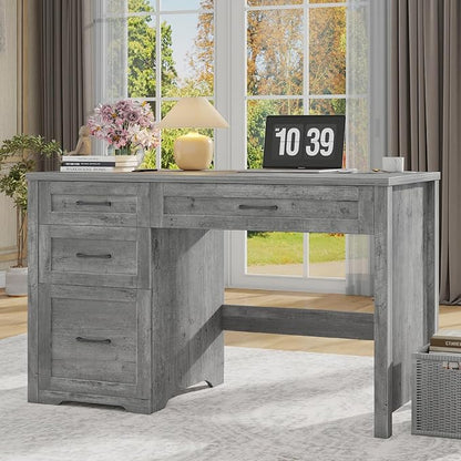 Vabches Farmhouse 47" Executive Desk with File Drawer, Wood Computer Desk with 3 Storage Drawers, Workstation for Home Office, Study, Writing(Grey)