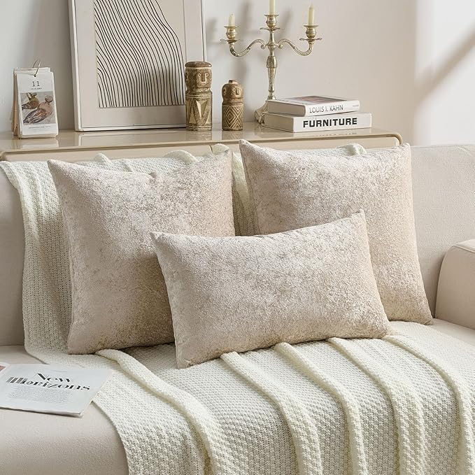 FUTEI Beige Flannel Throw Pillow Covers 26x26 Inch Set of 2,Soft Dimensional Textured Euro Pillow Shams,Modern Home Decor for Couch Living Room