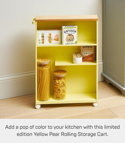 YAMAZAKI Home Slim Rolling Storage Cart – Narrow Bathroom Storage Cabinet with Handle, Slim Bathroom Storage Cart with Wheels, Easy Assembly, Steel + Wood, Yellow