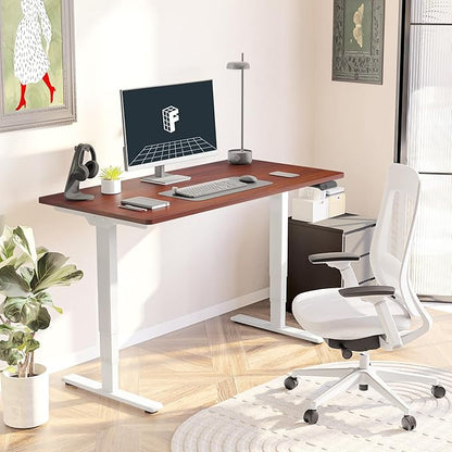 FLEXISPOT E6 3 Stages Dual Motor Electric Standing Desk 55x28 Inch Whole-Piece Board Height Adjustable Electric Sit Stand Desk(White Frame + Mahogany Desktop, 2 Packages)