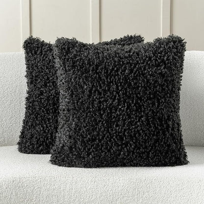 FUTEI Black Decorative Throw Pillow Covers 22x22 Inch Set of 2,Soft Fluffy Faux Wool Fur Boucle Textured Cushion Case,Modern Home Decor for Couch Bed Living Room Office