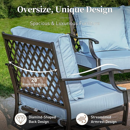 4 Piece Metal Outdoor Patio Furniture Set, Patio Conversation Set 1 3-seater Sofa, 2 Rocking Chair with 5.75" Extra Thick Cushion and Coffee Table, Black Frame Backyard Furniture, Blue