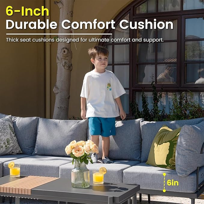 Sundale Outdoor 5 Pieces Metal Patio Furniture Set, Outdoor Sectional Sofa w/6 Inch Olefin Cushion and Coffee Table, Modern Outdoor Conversation Sets (4 Seats, Grey Frame)