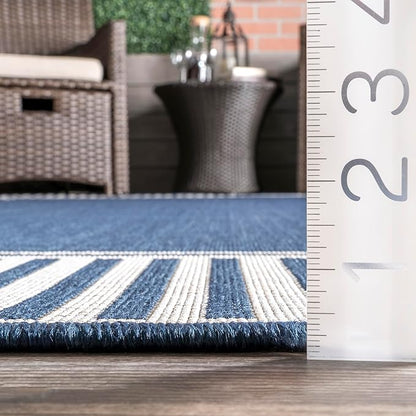 nuLOOM 4' x 6' Outdoor Area Rug, Casual Design With Striped Border, Stain Resistant, Highly Durable, For Patio, Balcony, Bedroom, Living Room, Dining Room, Bathroom, Navy