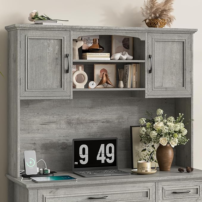 Farmhouse 47" Executive Desk with Hutch, 2 Drawers and LED Light, Computer Desk with Storage Cabinet and Charging Station,Workstation for Home Office and Study.Grey