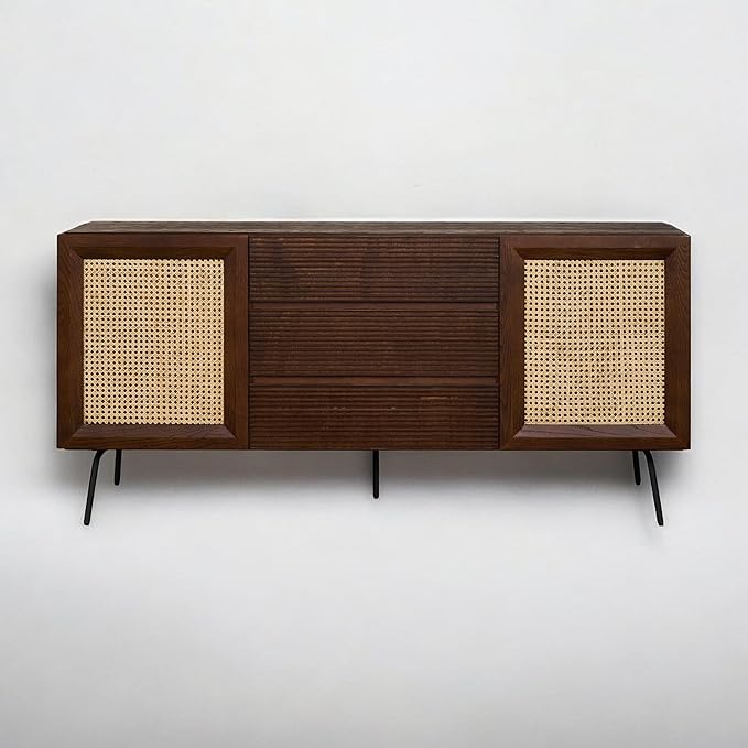 NTC MOSSIC Large Sideboard with 2 Doors and 3 Drawers, Buffet Cabinet with Natural Rattan and Metal Legs, Modern Storage Cabinet for Living Room, and Hallway, Effortless Assembly - Dark Walnut