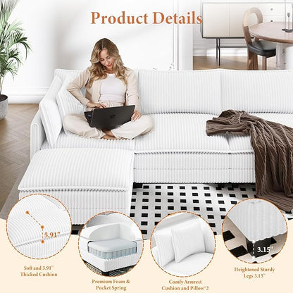 Vesgantti 109" L Shaped Cloud Sectional Couch, Comfy Corduroy Upholstered Modular Couches for Living Room, Modern Modular Sectional Sofa with Ottoman Deep Seat, Warm White